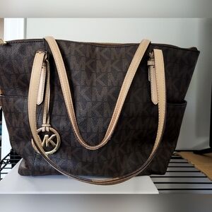 Michael Kors Tan and Brown Signature East West Tote with Monogram Design*used*